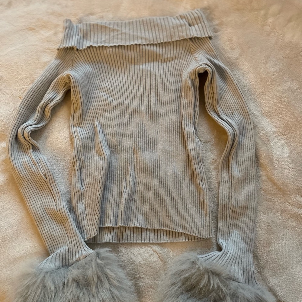 Off the Shoulder Sweater with Faux Fur Cuffs